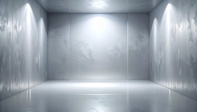 Clean grey abstract limbo setting featuring silver gradient walls, soft illumination on empty stage. background for showcasing products with minimal aesthetic and subtle texture
