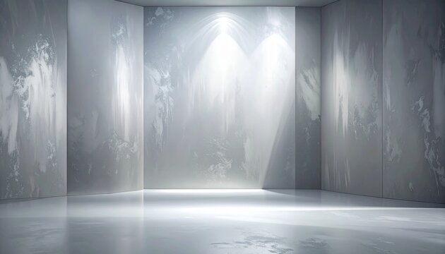 Clean grey abstract limbo setting featuring silver gradient walls, soft illumination on empty stage. background for showcasing products with minimal aesthetic and subtle texture
