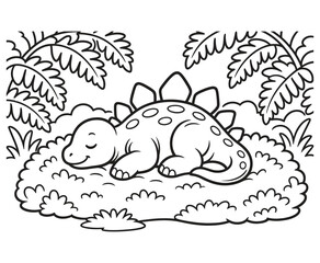 Cute sleeping stegosaurus dinosaur coloring page for kids. © ArifulIslam