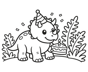 Cute cartoon triceratops dinosaur wearing a party hat with birthday cake coloring page. © ArifulIslam