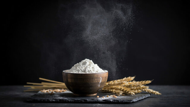 A wooden bowl filled with white flour and wheat stalks on a black stone surface with against dark background sits wooden preparation agriculture ingredient minimalist wholesome