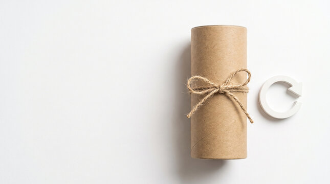 Kraft cylinder tube packaging with twine bow and white circular object on clean background