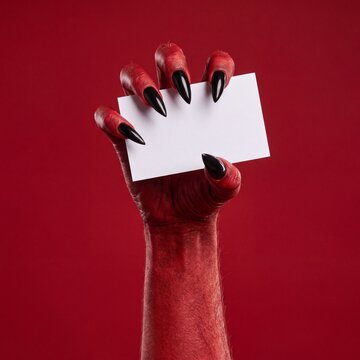 A demonic hand with sharp black claws and red skin holds up a blank white card against a vibrant red background, an ominous and striking visual.