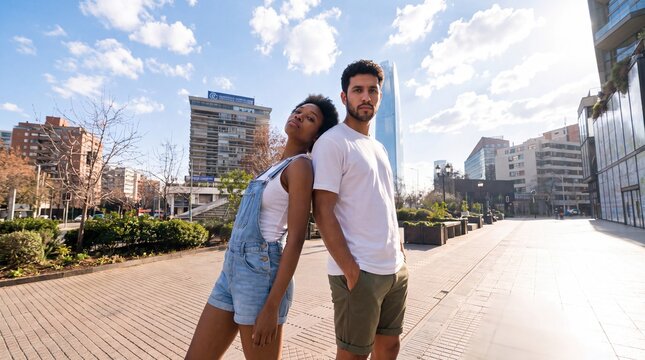 A stylish interracial couple stands back-to-back in a modern urban environment, basking in the bright daylight under a clear blue sky with scattered clouds.