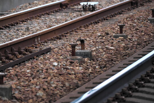 Railroad tracks with ballast and safety equipment