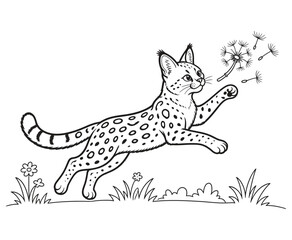 Cute cartoon serval cat chasing a dandelion seed coloring page for kids. © ArifulIslam