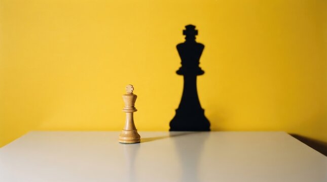 A black and white chess king silhouette stands prominently on a white table, casting a dark shadow against a bright yellow wall.