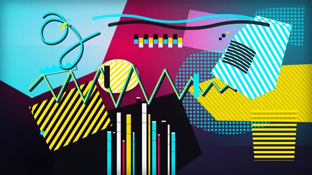 Dynamic 90s Memphis style graphic animation with colorful geometric patterns looping