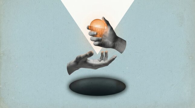 Two hands reach towards a glowing orb suspended above a dark void. One hand offers the orb, while the other extends to receive it.