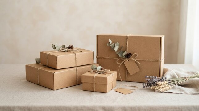 Several wrapped gifts sit on a textured beige surface. The gifts are wrapped in brown kraft paper and tied with twine.