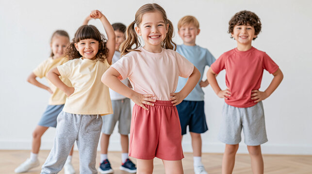 Happy children standing in a row with hands on hips in sunny dance studio