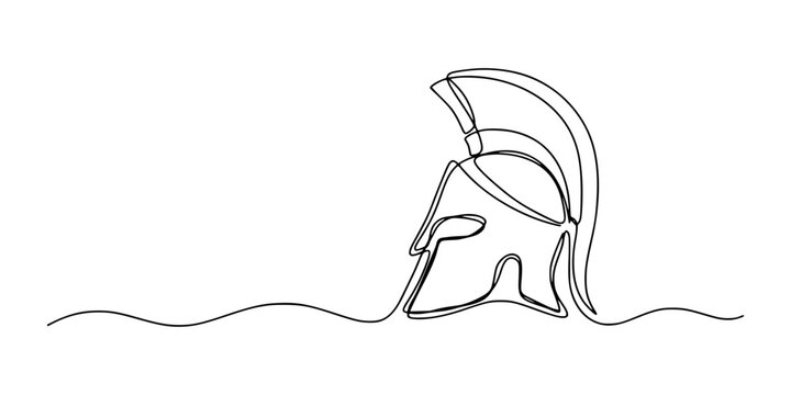Minimalist line art illustration of a spartan warrior helmet or ancient greek gladiator headgear for historical and military design