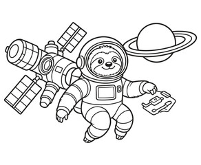 Cute astronaut sloth coloring page with space station and saturn. © ArifulIslam
