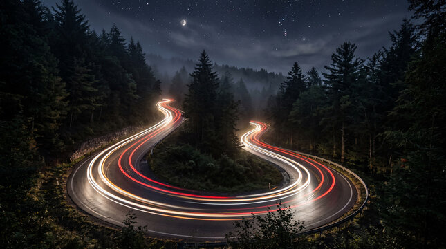 A winding mountain road glows with long exposure light trails beneath a dramatic night sky, surrounded by dark evergreen forests, creating a cinematic scene of travel and adventure.
