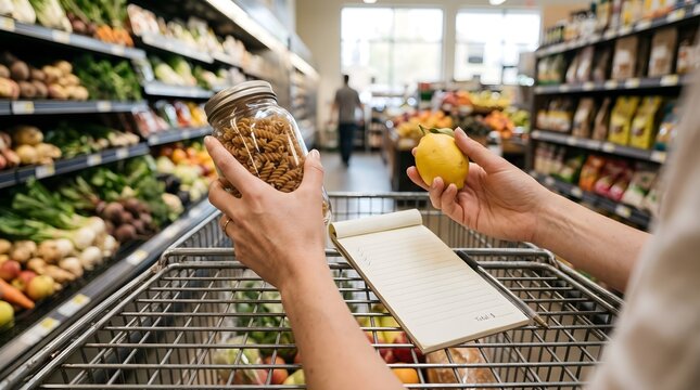 A shopper compares fresh produce in a supermarket, selecting fruits and vegetables, representing grocery shopping, healthy food choices, nutrition, retail, daily consumption, and lifestyle.
