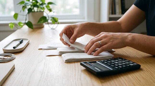 Hands organize papers beside a calculator at a bright desk, representing bookkeeping, accounting, budgeting, financial review, office administration, planning, and workplace productivity.