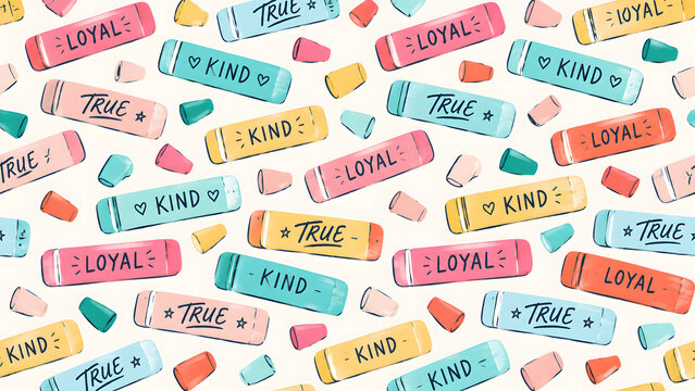 Positive Affirmation Pattern with Kind True and Loyal Text on Colorful Erasers, Flat Lay Background