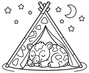 Cute little bear sleeping in a teepee coloring page for children. © ArifulIslam