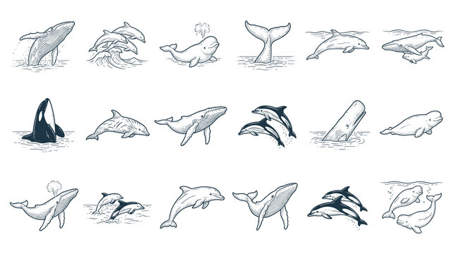 Set of sketch style whale and dolphin illustrations for ocean life.