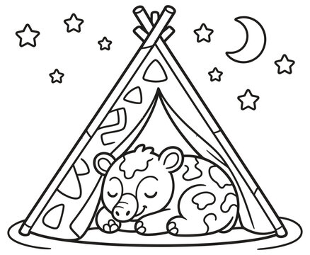Cute little bear sleeping in a teepee coloring page for children.