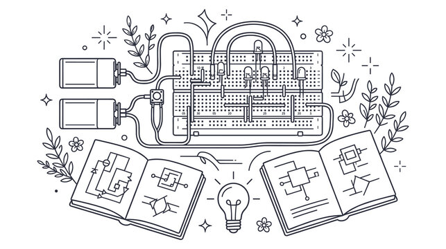 Electronic breadboard prototype circuit with manual and bulb icon.