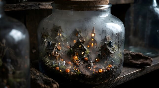 A glass jar holds a glowing miniature village with tiny houses and warm lights, creating a magical handcrafted display that suggests winter charm, imagination, cozy decoration, and artistry.