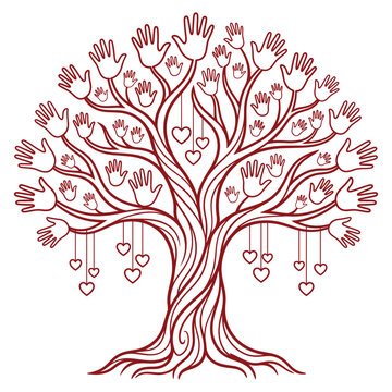 Family tree illustration with hand shapes as leaves and dangling hearts for unity decor.