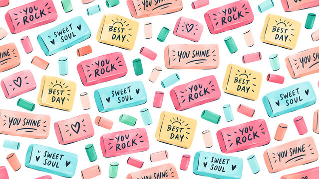 Positive Affirmation Pattern with Pastel Rectangular Blocks Featuring Inspirational Quotes and Heart Icons for Creative Backgrounds