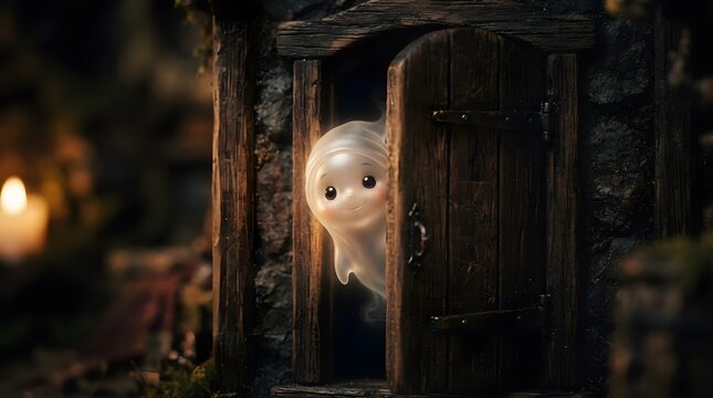 Small pale ghost peeking from behind an old wooden door, surrounded by rough stone walls and warm candlelight, creating a charming spooky gothic atmosphere in darkness at midnight.

