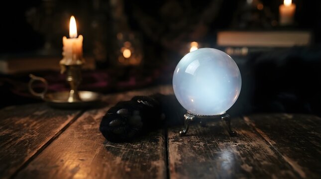 Mysterious crystal ball glowing softly beside an antique key and candle on a dark wooden table, creating a magical fortune telling scene with warm moody lighting with dark shadows.

