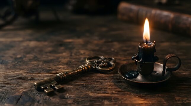 Rustic wooden table with an antique iron key and black candle holder beside a small flame, creating a dark magical still life with warm candlelight and gothic mood in deep shadows.
