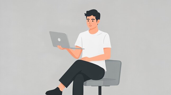 Flat vector illustration of a young man sitting on a chair and working on a laptop
