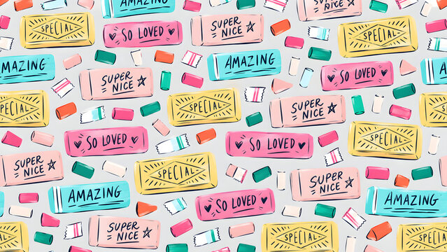 Chewing gum pattern with positive affirmation text, colorful candy wrappers, flat vector illustration for stationery and packaging