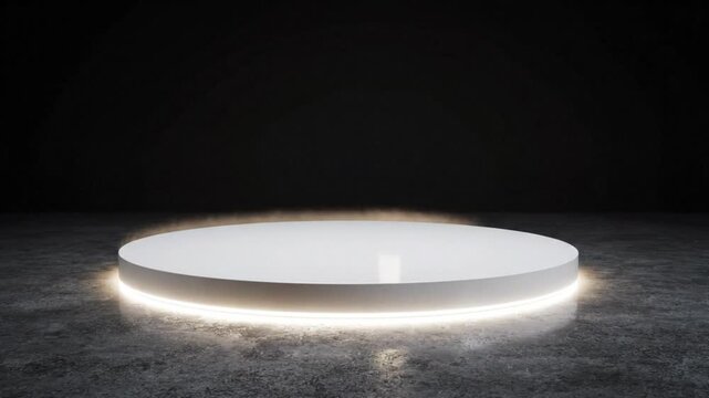Podium pedestal stage with glowing light and concrete floor for product display and exhibition showcase presentation