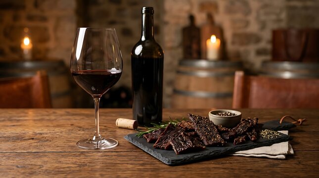 Red wine and beef jerky appetizer served on a slate board in a wine cellar