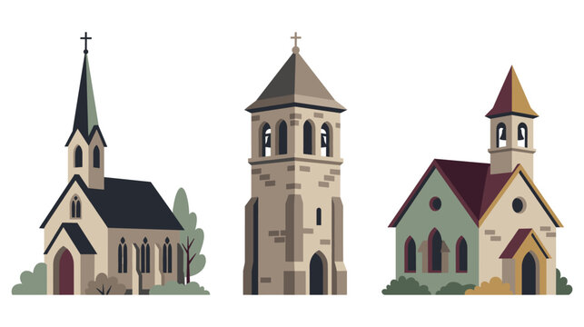 Collection of various catholic church buildings with steeple towers.