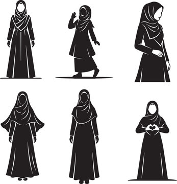 Six silhouettes of women wearing hijabs in various poses