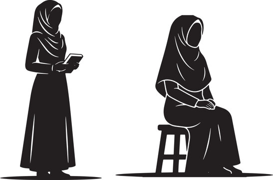 Woman standing and woman seated wearing hijabs
