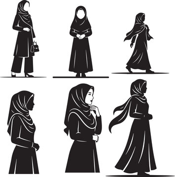 Women in hijab walking and standing silhouettes