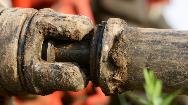 Close-up of worn universal joint on heavy machinery, covered with dirt and rust from intensive use, illustrating equipment maintenance, engineering, agricultural machinery, durability industrial work