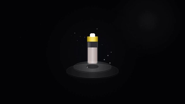 A glowing cylindrical container sits upon a dark circular platform while tiny sparkling particles float through the air to create an atmosphere of scientific mystery within this mysterious