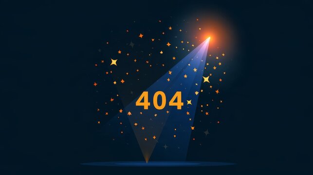 Conceptual 404 error page not found website design with spotlight beam on dark blue background, representing broken links, missing content, internet problems, web navigation and digital technology
