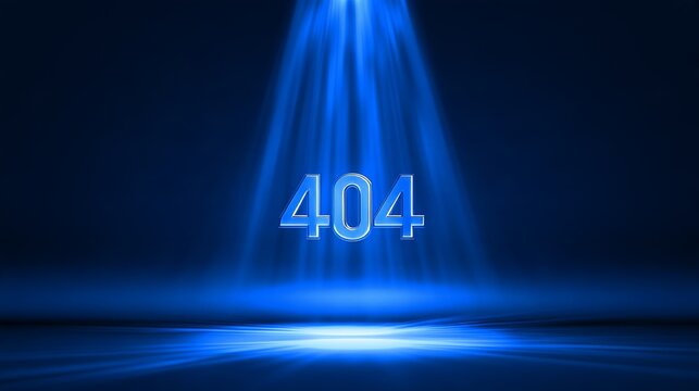 Conceptual 404 error page not found website design with spotlight beam on dark blue background, representing broken links, missing content, internet problems, web navigation and digital technology