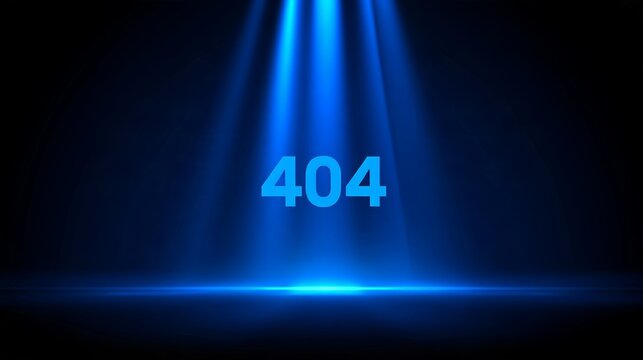 Conceptual 404 error page not found website design with spotlight beam on dark blue background, representing broken links, missing content, internet problems, web navigation and digital technology