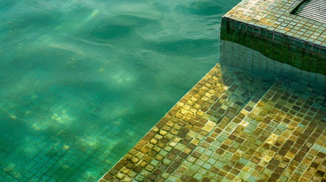 Dirty pool water with green algae and stained mosaic tiles, showing poor swimming pool maintenance, contamination, hygiene concerns, water quality problems and neglected outdoor facilities