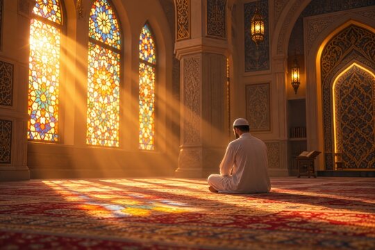 Muslim man praying inside sunlit mosque with stained glass