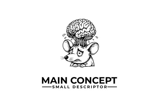 Hand drawn illustration of a sad mouse with a large brain on its head.
