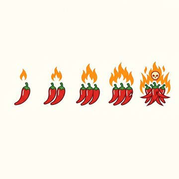 Spicy chili pepper heat scale icon set with fire and skull illustration