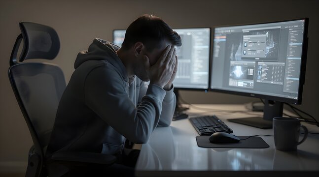 Stressed male software developer sitting at a computer desk with head in hands experiencing workplace burnout or exhaustion in a dim room