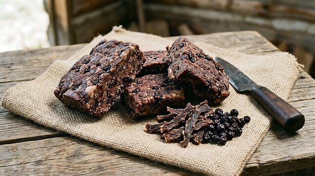 Traditional pemmican meat blocks with dried berries on a rustic wooden table